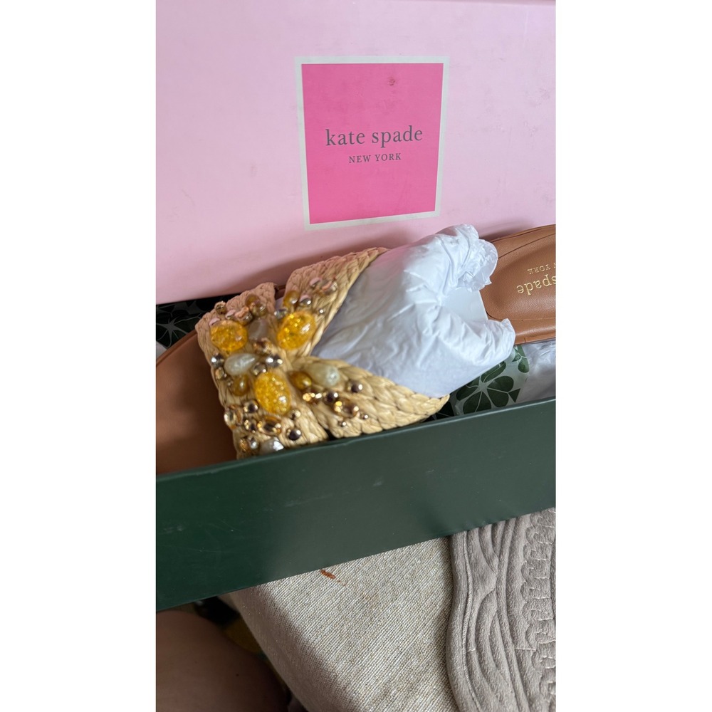 Kate Spade New York Dock Crystal Braided Raffia Slide Sandals Natural K1558 9B